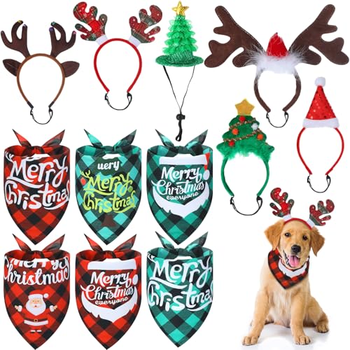 Paterr 12 Pc Christmas Dog Bandanas Set - 6 Reindeer Antlers Headband, 6 Classic Buffalo Plaid Pets Scarves & Bibs - Christmas Pets Accessory for Cats & Dogs