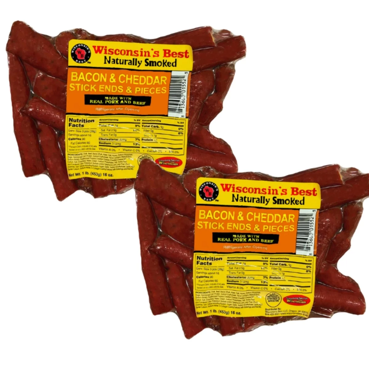 WISCONSIN'S BEST - BACON CHEDDAR Ends & Pieces, Sausage Snack Sticks.  Meat Snacks blended with Bacon & 100% Wisconsin Cheddar Cheese, High in Protein, Low Carb, Keto Friendly Snacks. (2-16 oz. Packs)