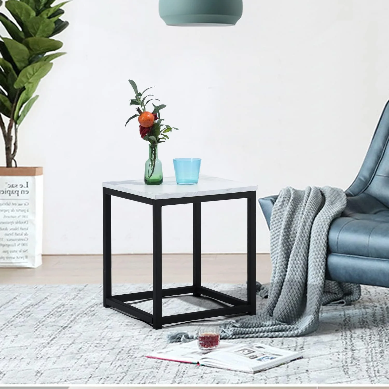 Homylin Modern Square White Top Small Coffee Sofa Side Table with Marble Metal Frame, Compact End Table for Living Room, Bedroom, Apartment, White