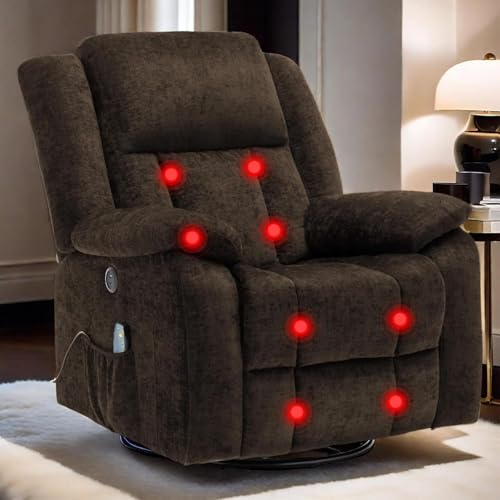 Rocker Recliner Chair, Glider Recliner Chairs for Adults, 360° Swivel Recliner with Massage and Heating, Rocking Recliner Chair with Side Pockets and USB for Living Room, Nursery, Bedroom