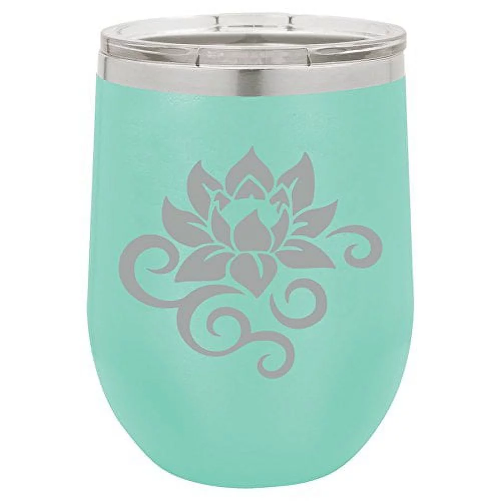 12 oz Double Wall Vacuum Insulated Stainless Steel Stemless Wine Tumbler Glass Coffee Travel Mug With Lid Lotus Flower Scroll (Teal)