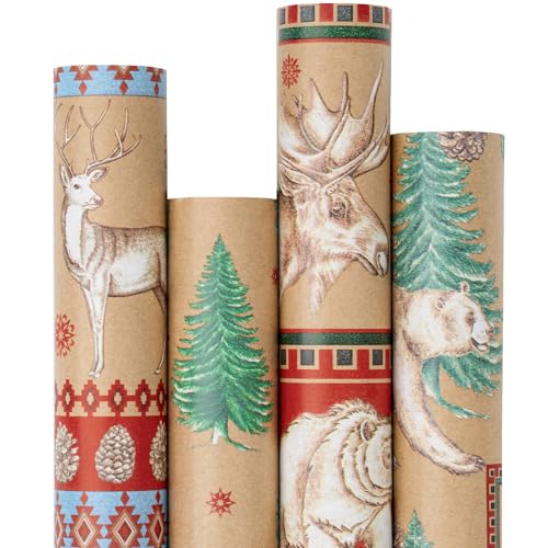 RUSPEPA Christmas Kraft Wrapping Paper - Owl, Reindeer, Christmas Ball and Text Design - 4 Rolls - 30 inches x 10 feet per Roll