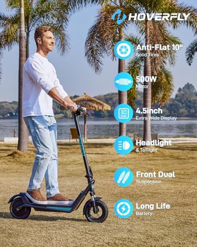 Hoverfly X3/X5 Electric Scooter for Adults, 18/25 Mile Range, 20Mph Top Speed, 500W Motor, 10'' Solid Tire, with Double Suppression Electric Code Lock Walk Assist Mode, Foldable Commuting E Scooter