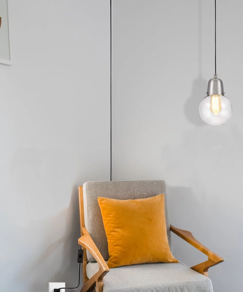 Rivet Mid-Century Modern Glass Globe Plug-In Hanging Chandelier With LED Light Bulb - 6.25 x 6.25 x 9.75 Inches, Brushed Nickel