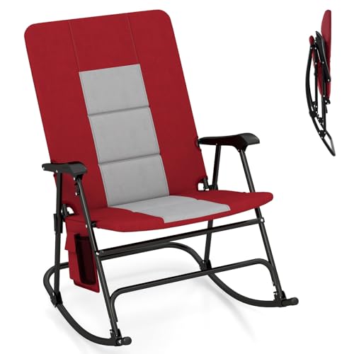 COSTWAY Oversized Folding Rocking Camping Chair, Padded Portable Outdoor Rocker with Side Pocket and Hard Armrests for Patio, Lawn, Backyard, Supports up to 500 lbs, Red