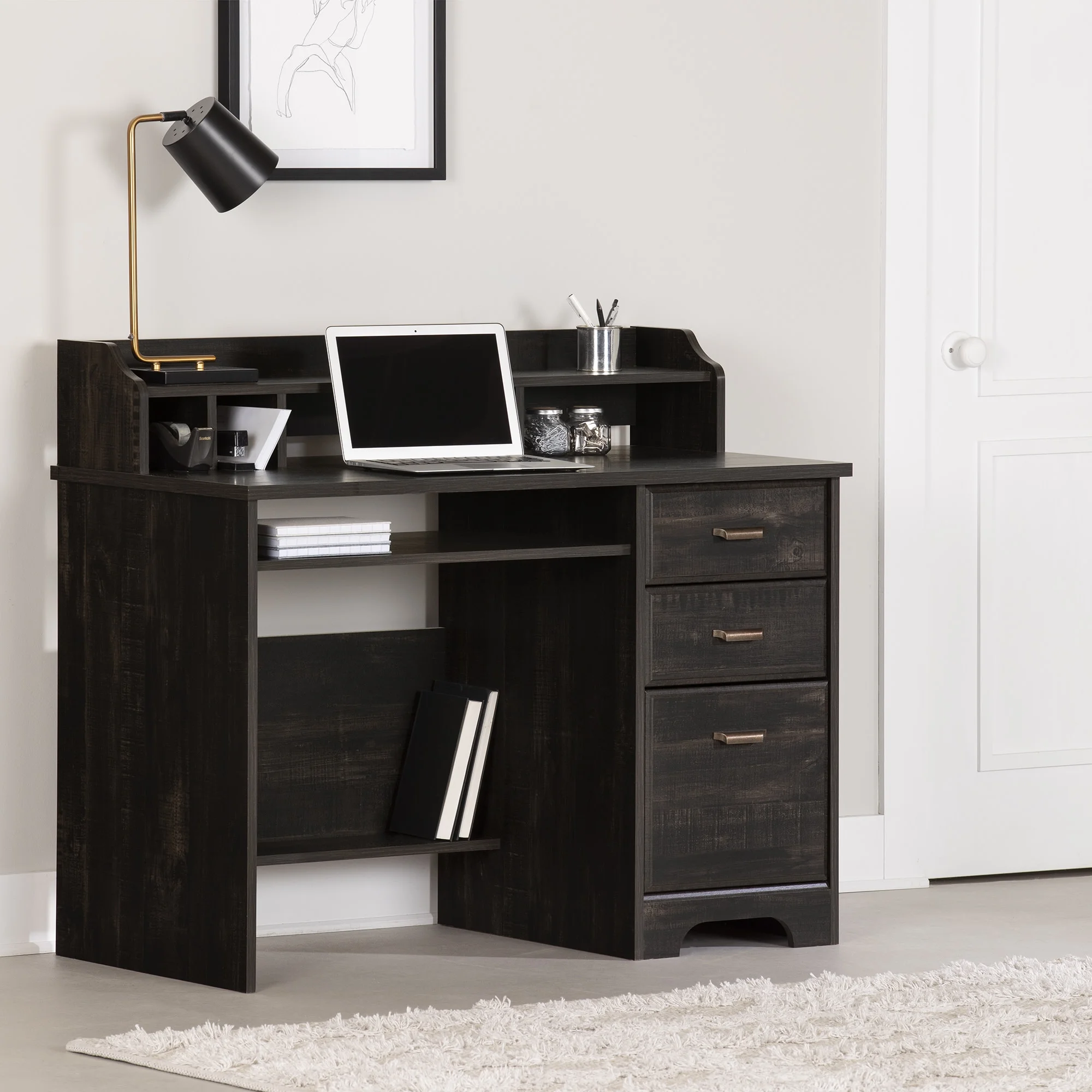 South Shore Versa Computer Desk with Hutch Rubbed Black