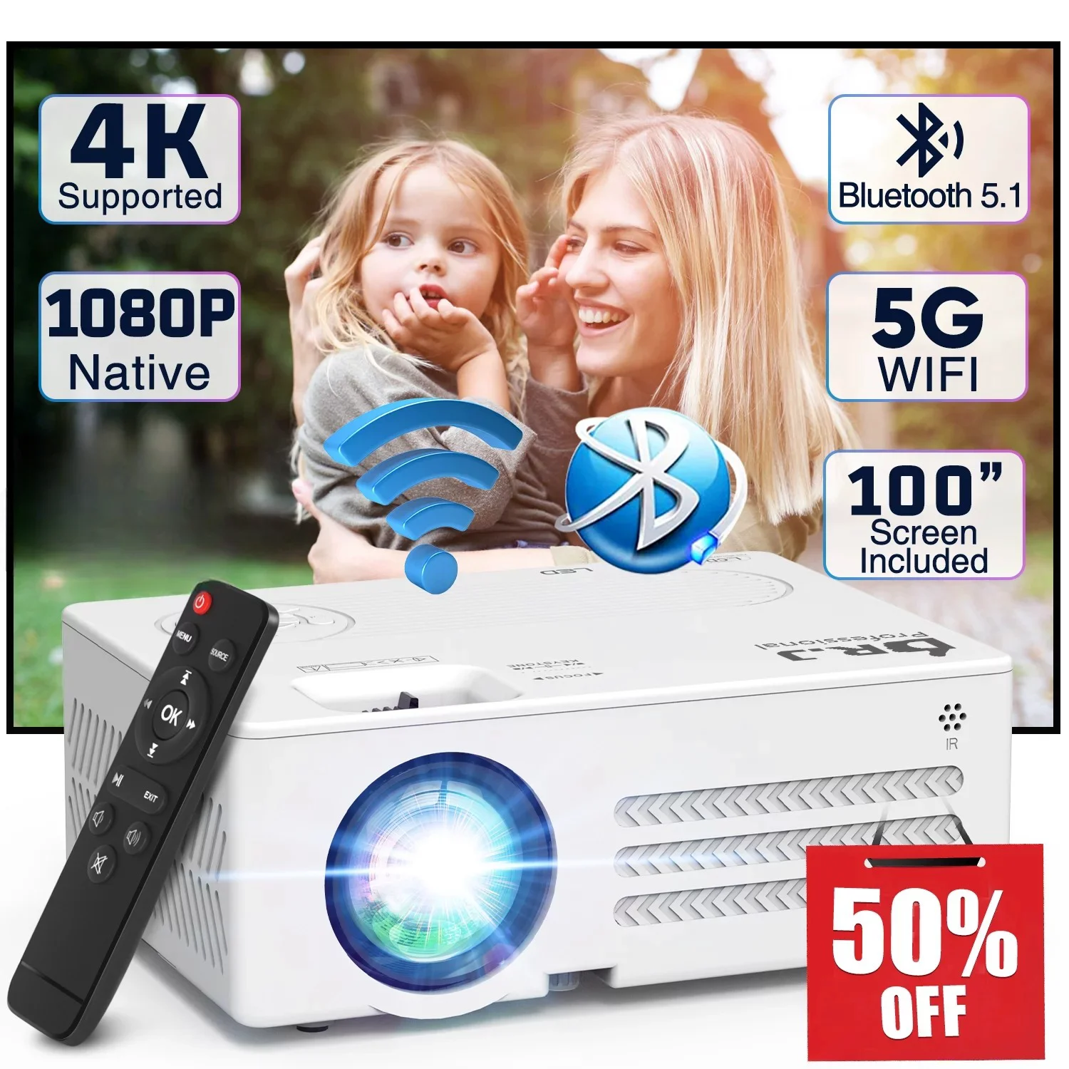 Projector with Wifi and Bluetooth,  4K Supported Video Projector with 100