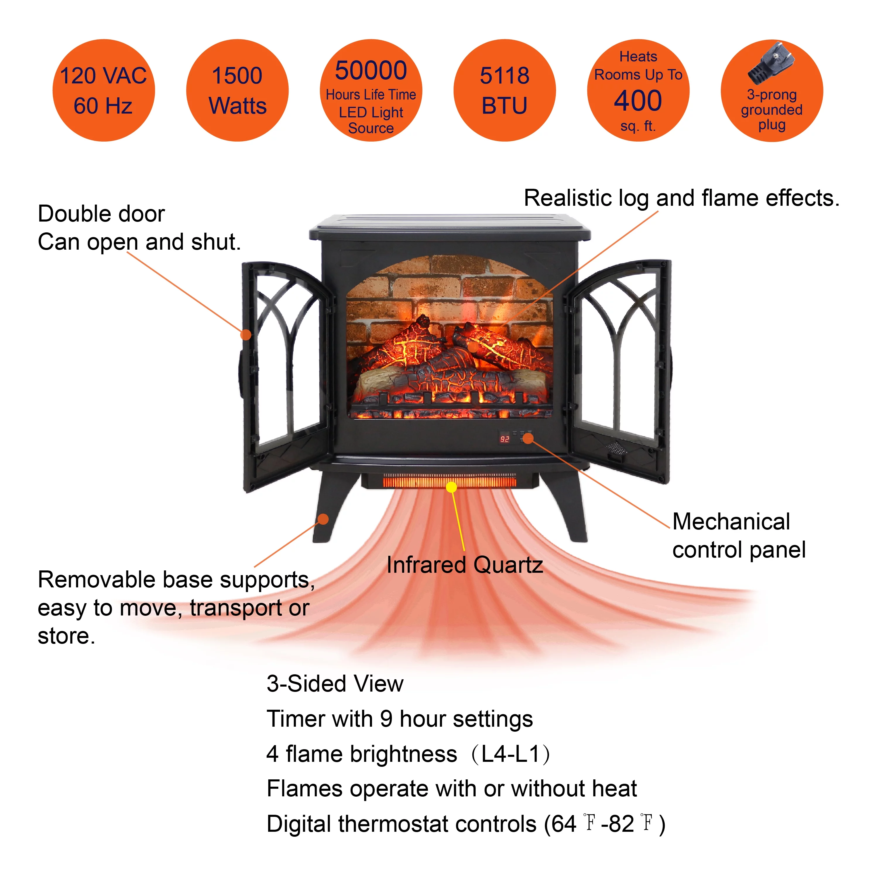 CoSoTower 24 Inch 3D Infrared Electric Stove with Remote Control