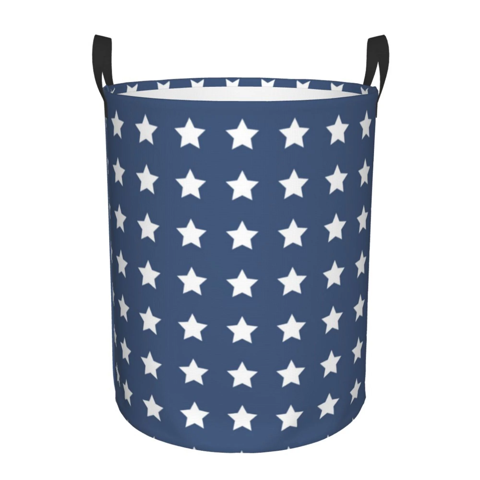 DouZhe Waterproof Collapsible Large Laundry Baskets, Patriotic American Flag Stars Blue White Prints Circular Hamper with Handles