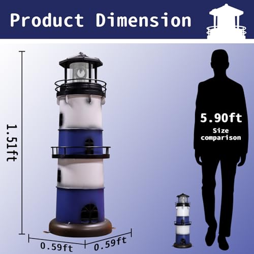 Solar Metal Lighthouse Yard Décor – Outdoor Garden Lighthouse with Rotating Light, Lawn Ornament Lighthouse with Landscape Staples, Patio, Garden Decorations,Garden Lovers Gifts. (Blue, Round)