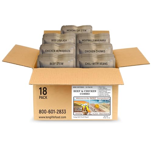 MRE Variety Pack 18-Pack – Beef & Chicken Entrees – Long Shelf Life – 2023+ Production – by Long Life Food Depot