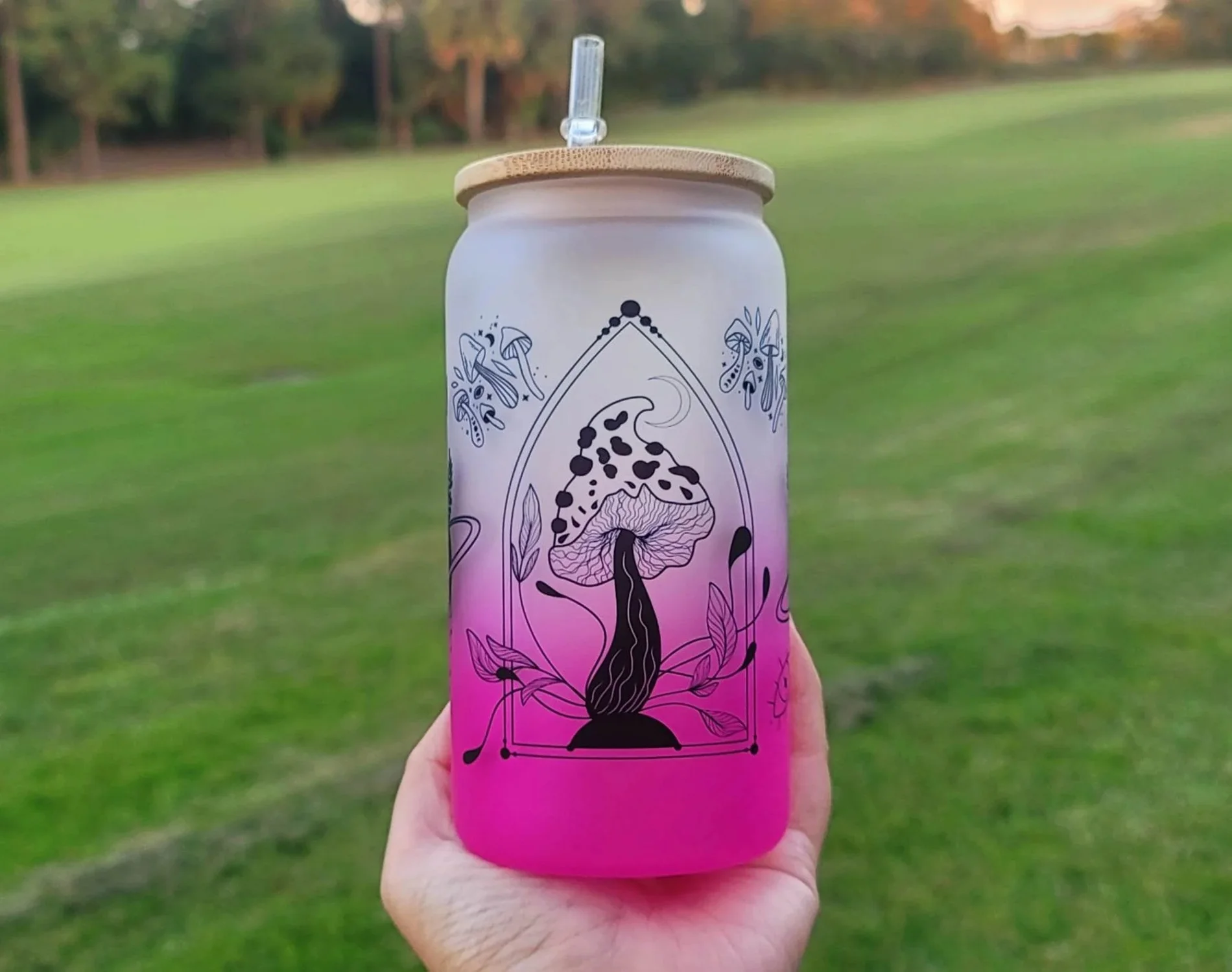 Mushroom Beer Can Glass | Boho Mushroom Coffee Glass | Aesthetic Coffee Glass | 16 oz