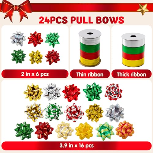 JOYIN 24 PCS Christmas Bows and Gift Ribbons with 22 Multi-Colored Assorted Size Gift Bows and 2 Rolls of Curling Ribbons for Present Christmas Wrapping Decoration
