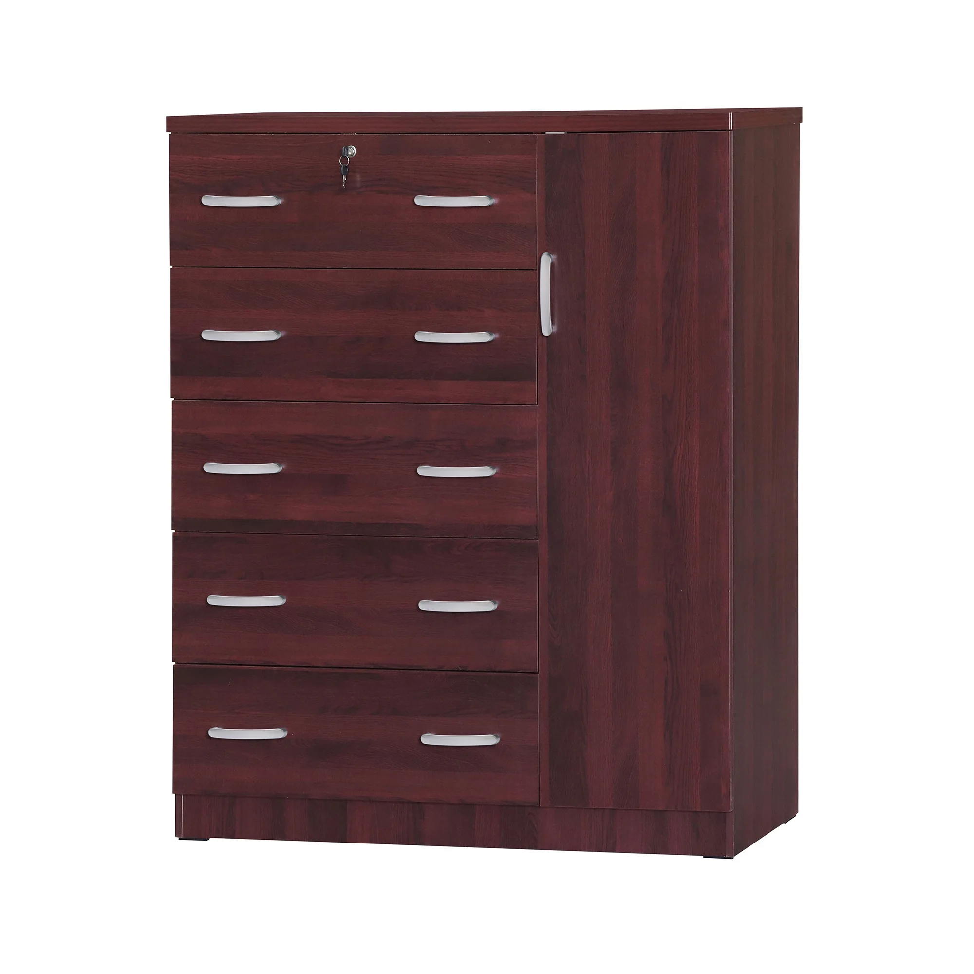 Better Home Products JCF Sofie 5 Drawer Wooden Tall Chest Wardrobe in Mahogany