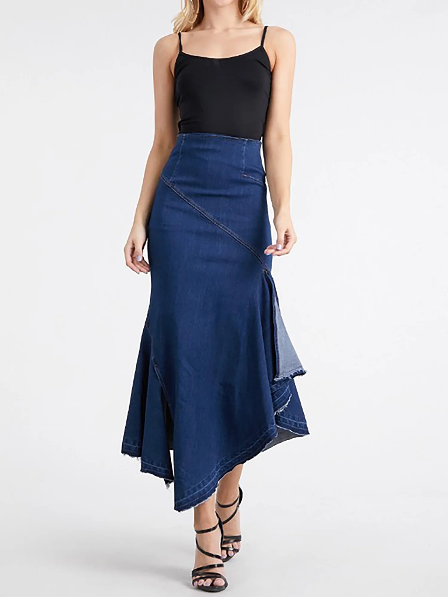 A2Y Women's Casual Rayon High Waist Back Zipper Denim Jean Long Skirts Dark Wash L