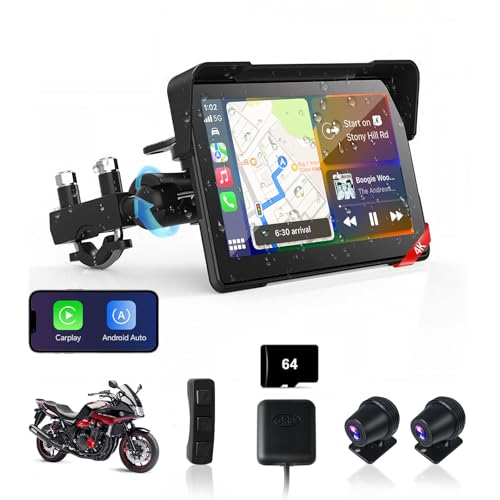 7 inch 4K Motorcycle CarPlay ＆ Android Auto Screen for Moto Wireless Carplay DVR with Dual Cameras for Motorbike,WiFi, GPS Navigation, Remote Control, Voice Control, Bluetooth, TF-64G