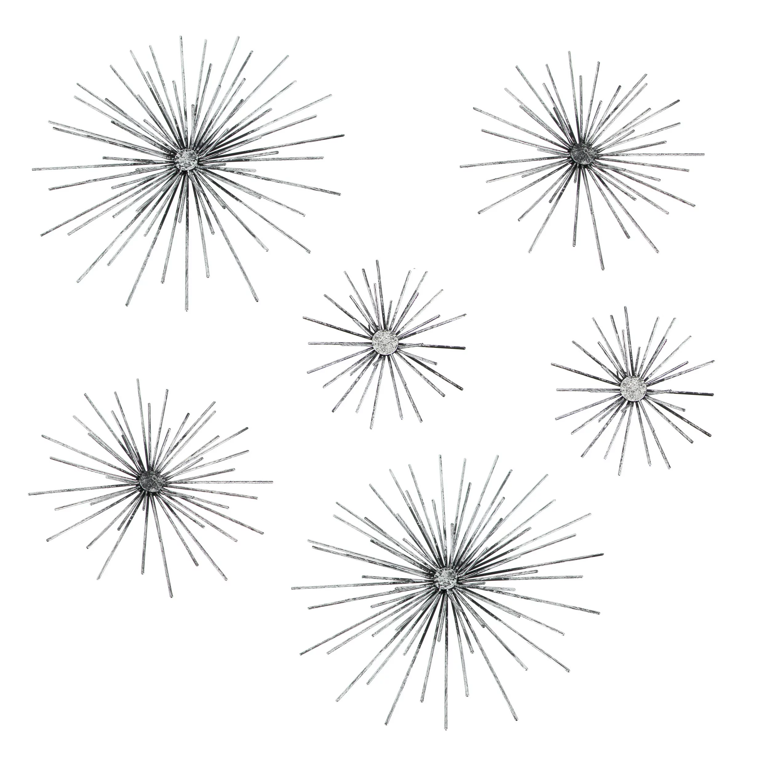 Zeckos Silver Finish Metal Modern Atomic Star Burst Wall Décor Set of 6