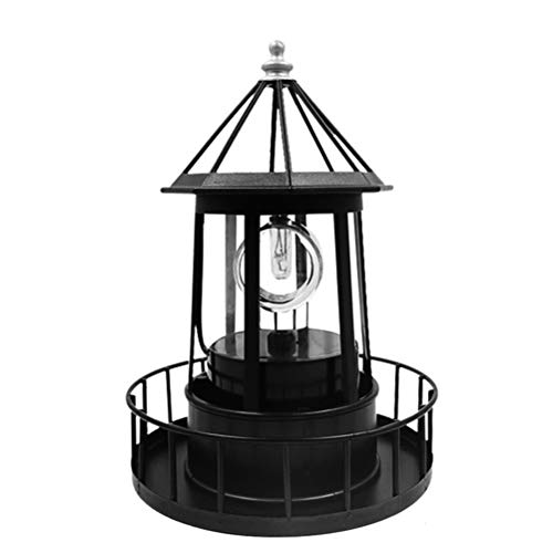 LED Solar Rotating Lighthouse Light for Outdoor Garden Decoration - Lantern for Pathway, Patio, Courtyard (Black)