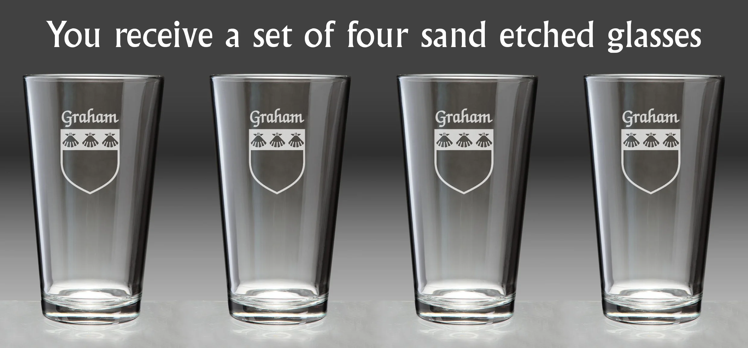 Graham Irish Coat of Arms Pint Glasses - Set of 4 (Sand Etched)