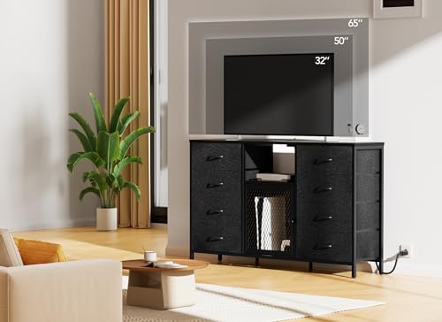 Dresser for Bedroom with LED Lights and Power Outlets, 8 Drawers TV Stand Dresser for 65 Inch TV, Fabric Chest of Drawers with Open Shelves, Black Dressers for Bedroom, Closet