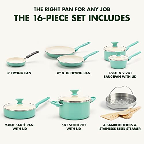 GreenPan Rio 16 Piece Cookware Pots and Pans Set, Hard Anodized Healthy Ceramic Nonstick PFAS-Free, Bakelite Handles, Frypans, Saucepan, Saute Pan, Stock Pot, Kitchen Tools, Dishwasher Safe, Black