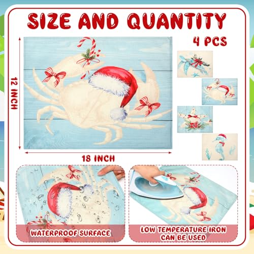 4 Sets Coastal Christmas Placemats Nautical Beach Place Mats Turtle Starfish Seahorse Crab Machine Washable Linen Tablemat for Kitchen Dining Table Party Holiday Decoration(12 x 18 Inch)