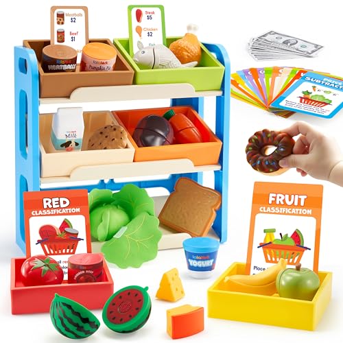 Montessori Color Sorting Food Toy, 60+ Pieces Play Food for Kids with Display Rack & 6 Boxes, Grocery Store Kitchen Playset for Toddlers 3+ Year Old, Preschool Educational Toys, Gifts for Boys Girls