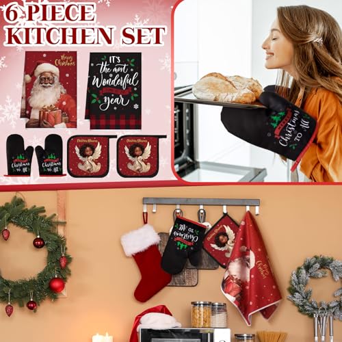 Leinuosen 6 Pieces Christmas Kitchen Set Dish Hand Towels Pot Holders and Oven Mitts Set Tea Towels Non Slip Heat Resistant Oven Gloves for Xmas Kitchen Cooking Baking Grilling(Xmas Tree)