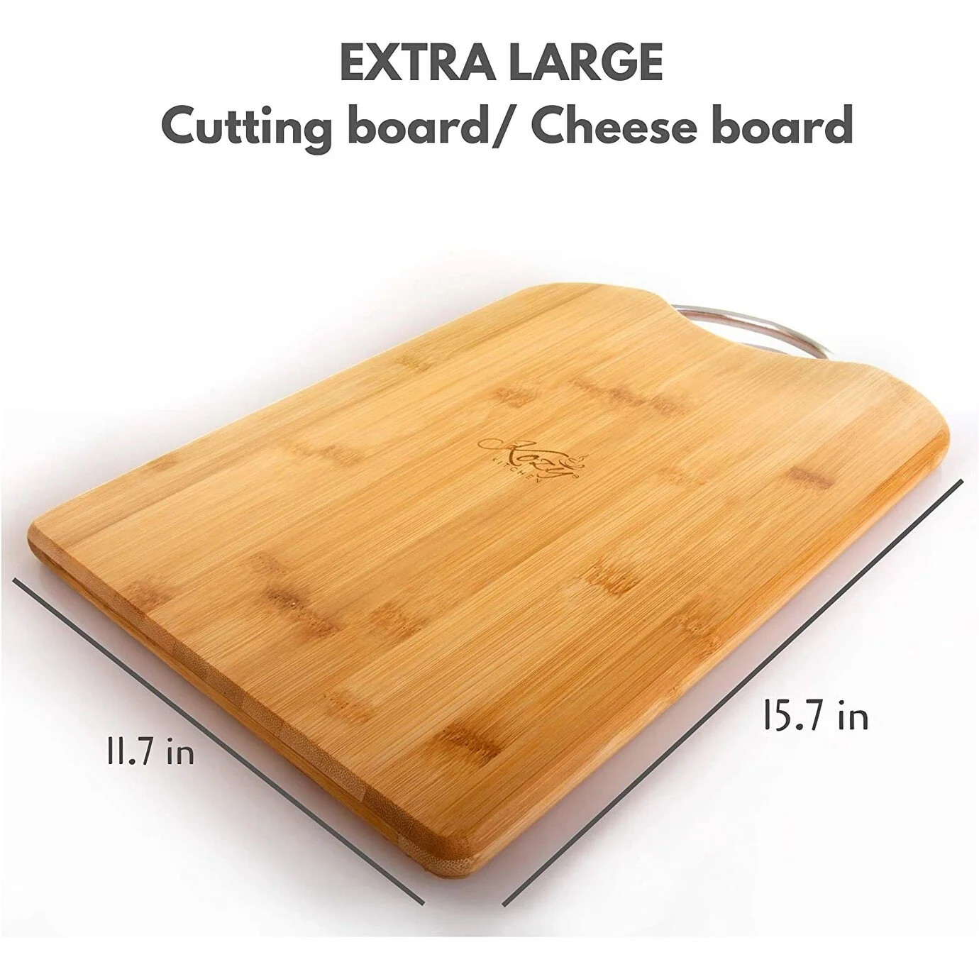 Kozy Sweet Home Reversible Organic Bamboo Cutting board, Cheese Board, Serving Tray, Large, With Stainless Steel Handle