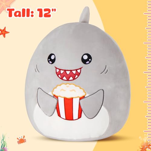 Glow Guards 12'' Shark Plush Pillow Cute Shark Stuffed Animal Holding Popcorn Soft Plush Toy Stuffed Animals Birthday Gift for Boys Girls Kids