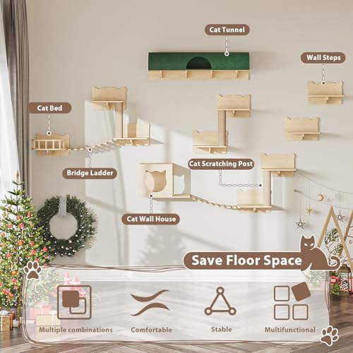 LEMBERI Cat Wall Shelves, 16 Pcs Set Wall Mounted Cat Shelves with Bed, House, Steps, Bridge Ladder, Tunnel and Scratching Post for Indoor Climbing, Sleeping, Playing