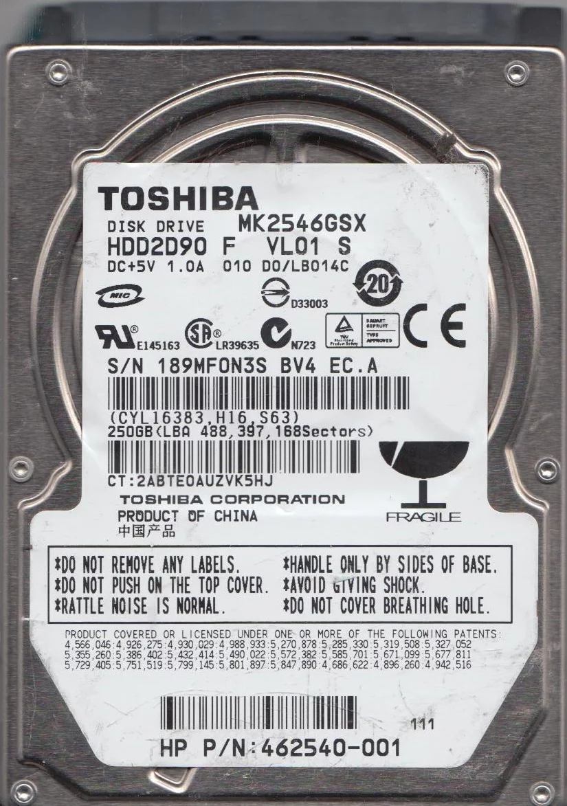 MK2546GSX, D0/LB014C, HDD2D90 F VL01 S, Toshiba 250GB SATA 2.5 Hard Drive