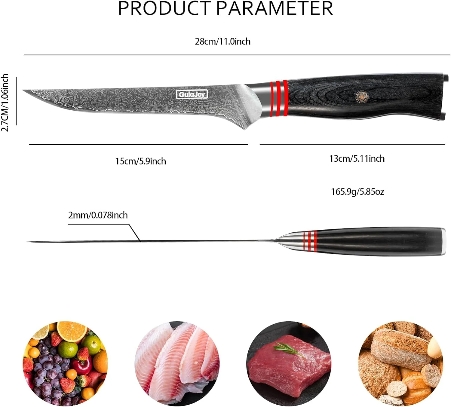 Qulajoy Damascus Boning Knife, 5.9 Inch Fillet Knife 67-Layers VG10 High Carbon Stainless Steel Japanese Chef Knife, Professional Kitchen Knives for Meat Cutting Trimming Carving