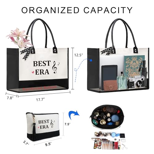 BeeGreen Mother's Day Gifts Personalized Women's Large White and Black Canvas Tote Bag, Embroidered Initials, Leather Handle, Zipper Closure