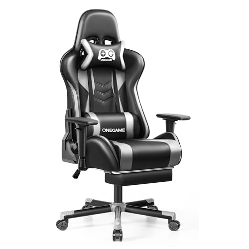 OneGame Ergonomic Gaming Chair with Footrest, Racing Gamer Chairs with Linked Armrests and Lumbar Support for Adults, High Back Leather Computer Game Chair for Office Gaming 330LBS, BlackGray