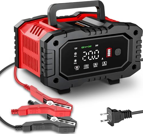 Premium 20Amp Battery Charger, 12V/24V LiFePO4 Lead Acid AGM Smart Automatic Battery Trickle Charger Automotive, Battery Maintainer with Pulse Repair/Temperature Compensation for Car Truck Motorcycle