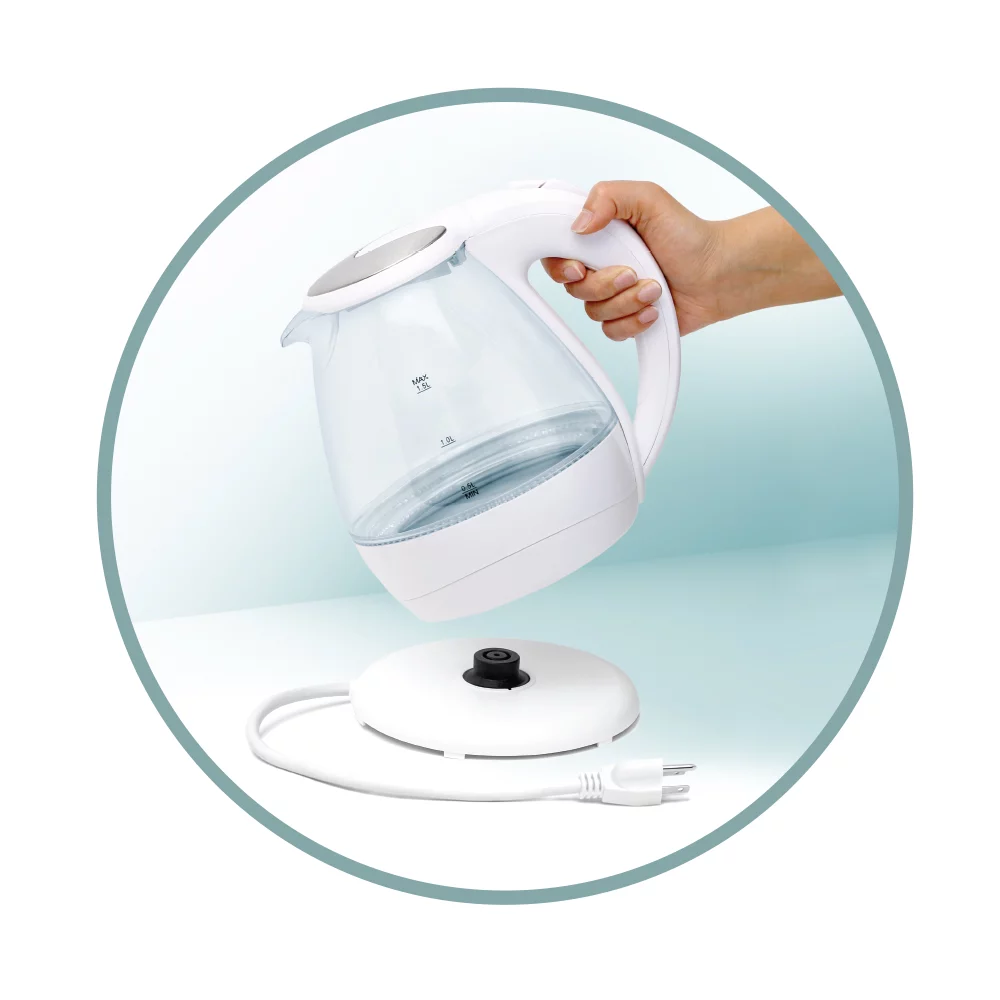Joycook Glass Electric Tea Kettle 1.5 Liter with Built in Mesh Filter, White