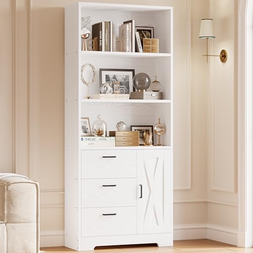 IRONCK Bookshelf with Door and 3 Drawers, 71in Tall Bookcase Shelf with 3-Tier Shelves, for Bedroom Living Room Entrance Hallway Home Office