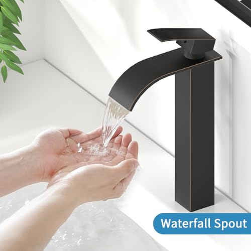 RUMOSE Tall Matte Black Bathroom Faucet with Pop Up Drain Modern Single Handle One Hole Bathroom Vessel Sink Faucet Waterfall Spout Rv Lavatory Vanity Faucet Deck Mount Mixer Tap, Stainless Steel