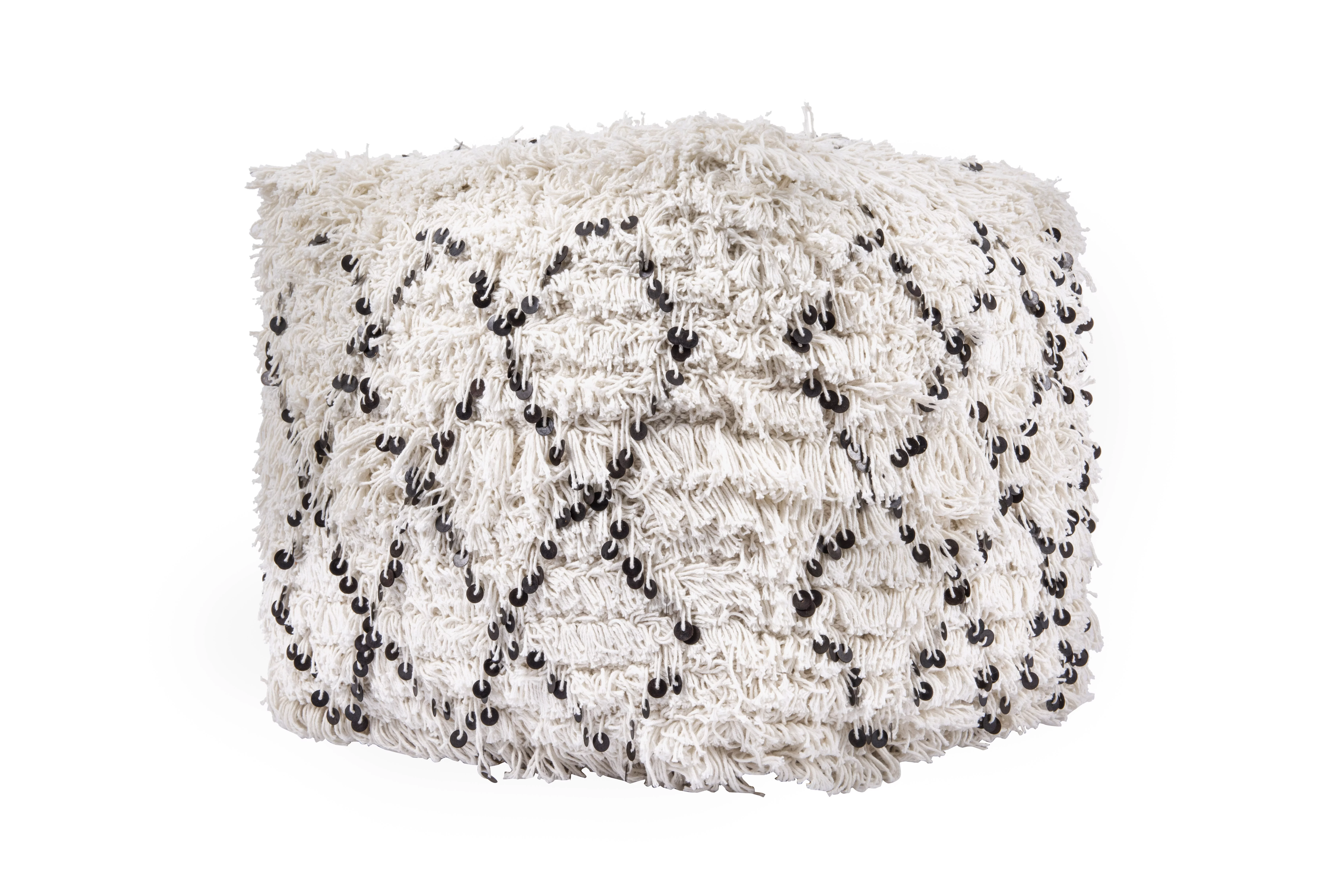 Desert Fields White Moroccan Wedding Quilt Pouf with Fringe & Sequins