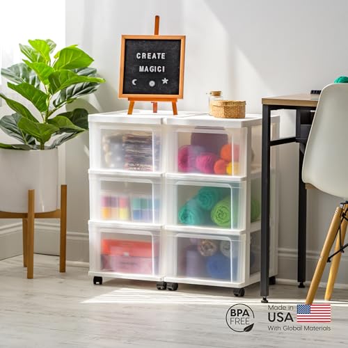 IRIS USA Plastic 3-Drawer Storage Organizer Rolling Cart, with Wheels Casters, 2-Pack, for Classroom Art Supplies Bathroom Dorm Bedroom Laundry Room, Slim Narrow, White/Clear