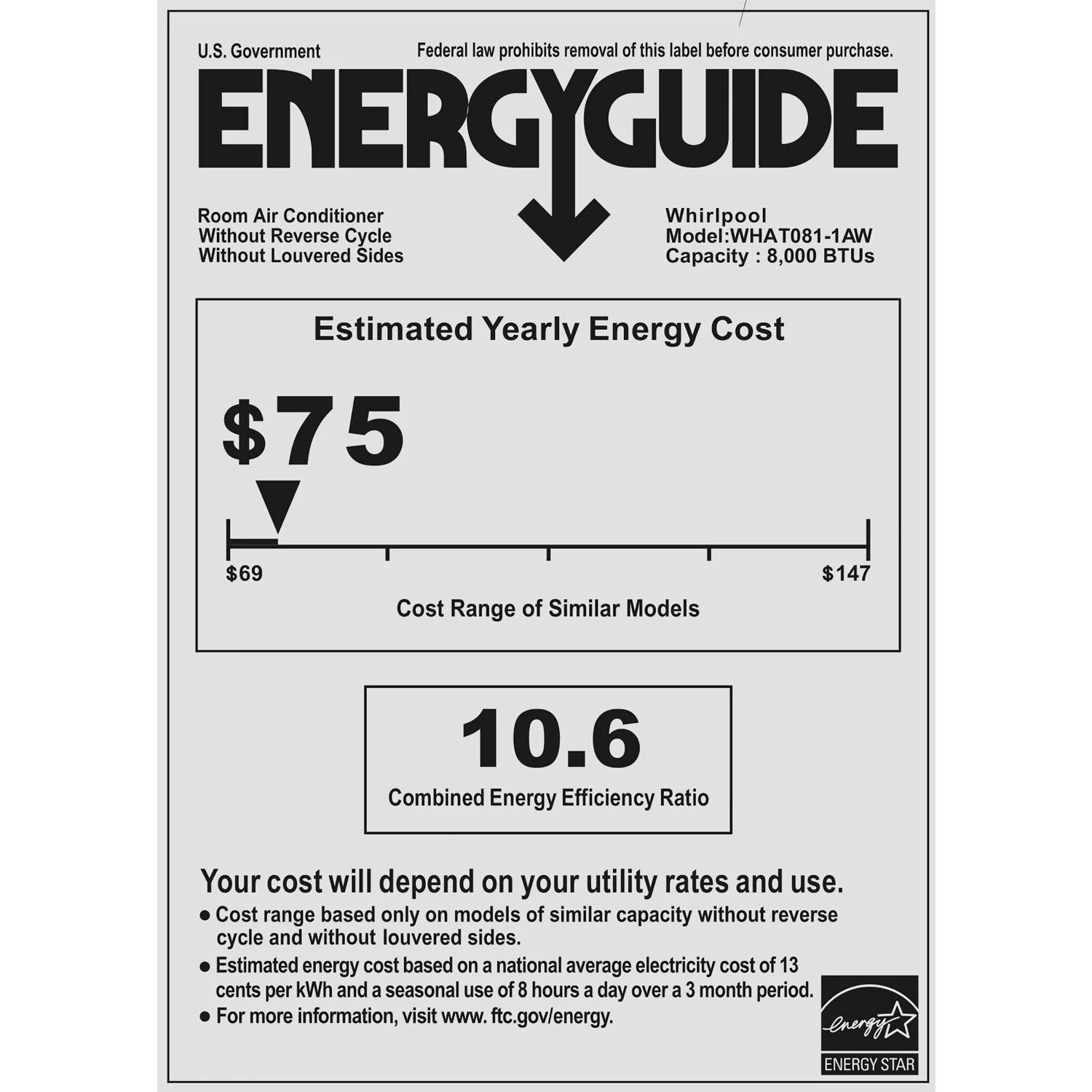 Whirlpool 8,000 BTU 115-Volt 350 Sq.Ft. Wall Air Conditioner with Remote, White, WHAT081-1AW