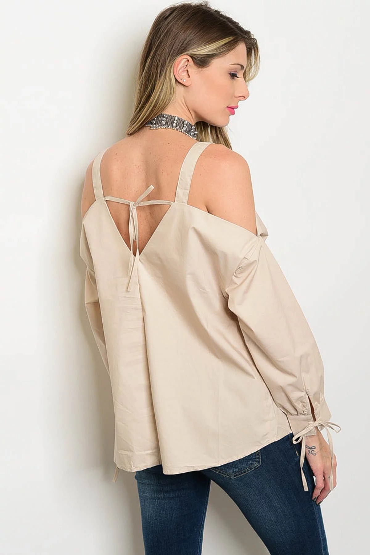 Loveriche Cold Shoulder Taupe Poplin Top Small