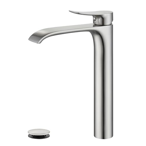 Brushed Nickel Vessel Sink Faucet, Single Handle Modern Waterfall Tall Bathroom Sink Faucet, Brass, 1 Hole, 1 Handle, Deck Mount, Vessel Install, Includes Supply Hoses, Drain, Manual