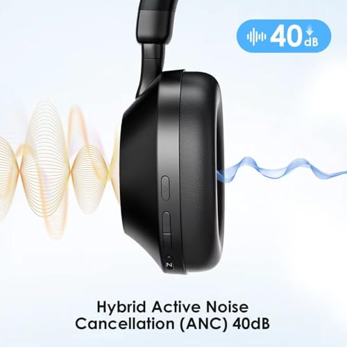 Noise Cancelling Headphones Over Ear Bluetooth 5.3 Wireless/Wired, 40H Playtime, Deep Bass, Foldable Mic, Transparency Mode, Ideal for Airplane Travel, Work, Commute, Sleep