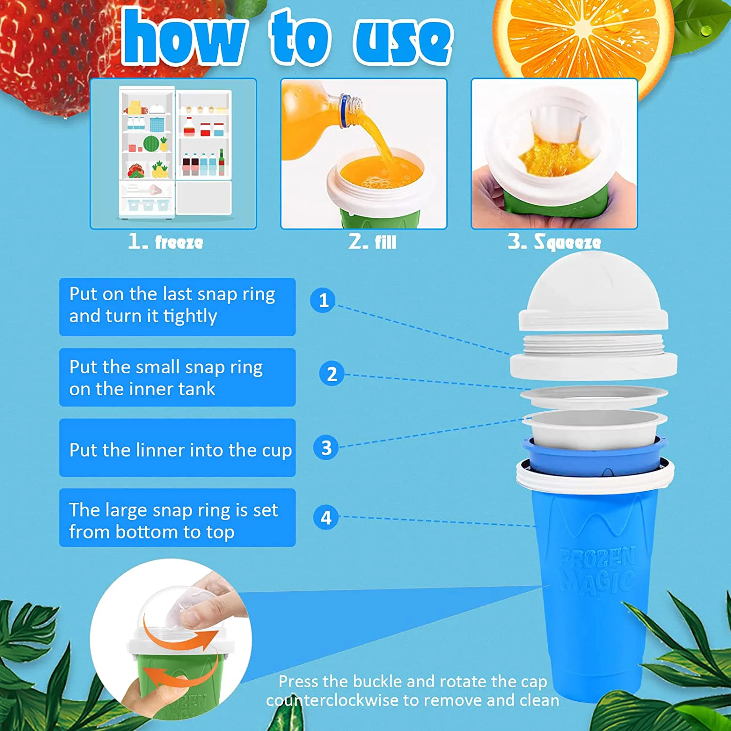 Ragnify Slushy Cup 2 Pack Slushie Maker Ice Cup Silica Cup Pinch Cup Summer Cooler Smoothies Cup Double Layer Squeeze Cup Slush Maker Cup Home DIY Smoothie Cup for Children and Adult (Blue & Green)