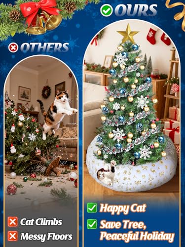 Cat Tunnel Christmas Tree Skirt - White & Golden Cat Donut Bed, Christmas Tree Protector from Cats, Xmas Cat Gifts Accessories