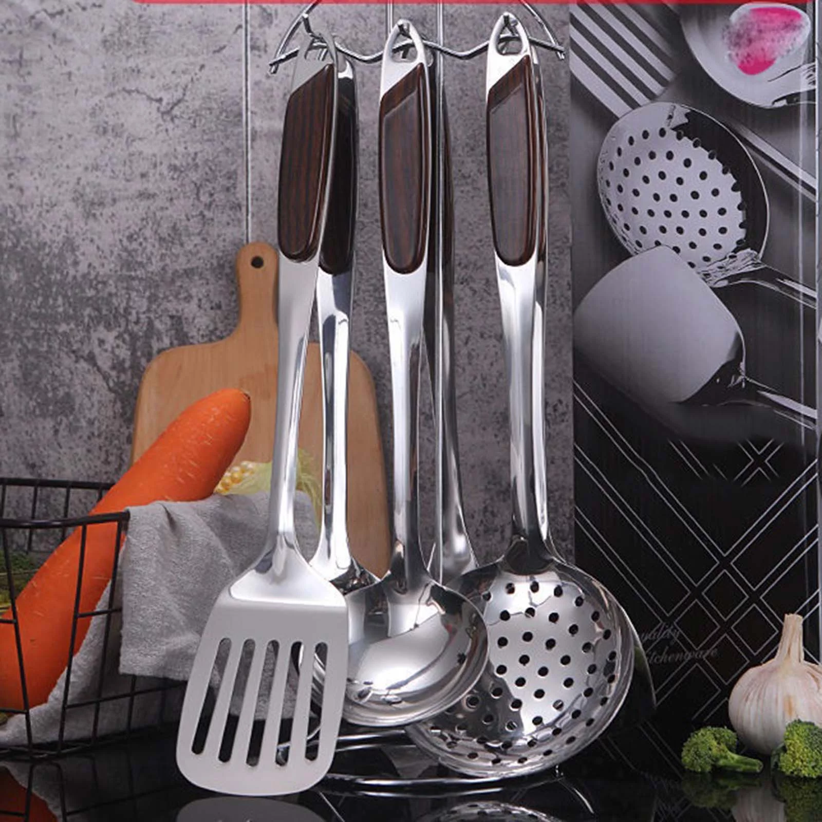 MOQIN Stainless Steel Kitchen Cooking Utensils Set with Holder, 6 Pcs Utensils for Cooking, Wok Spatula Slotted Spatula for Nonstick Cookware Cooking Baking Supplies