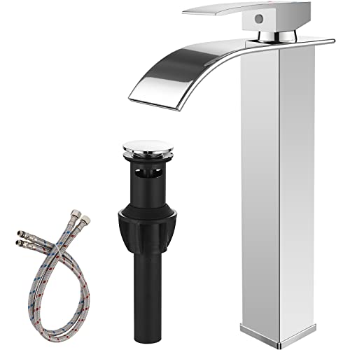 BWE Vessel Sink Faucet Modern Waterfall Chrome Single Hole Bathroom Faucet Single Handle with Pop up Drain Without Overflow Assembly Vanity Basin Bath Sink Faucets Mixer Tap