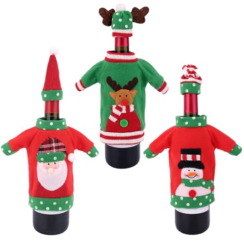 3pcs Christmas Wine Bottle Covers with Hat, Knit Fabric Sweater Style Wine Bottle Decorations for Holiday Party Table Decor
